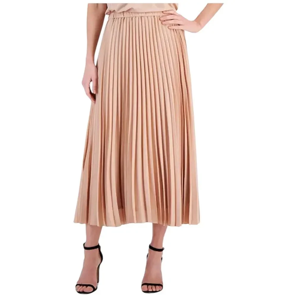Anne Klein X-Large Beige / Tan Elastic Waistband Beige Pleated Flowy Midi Skirt